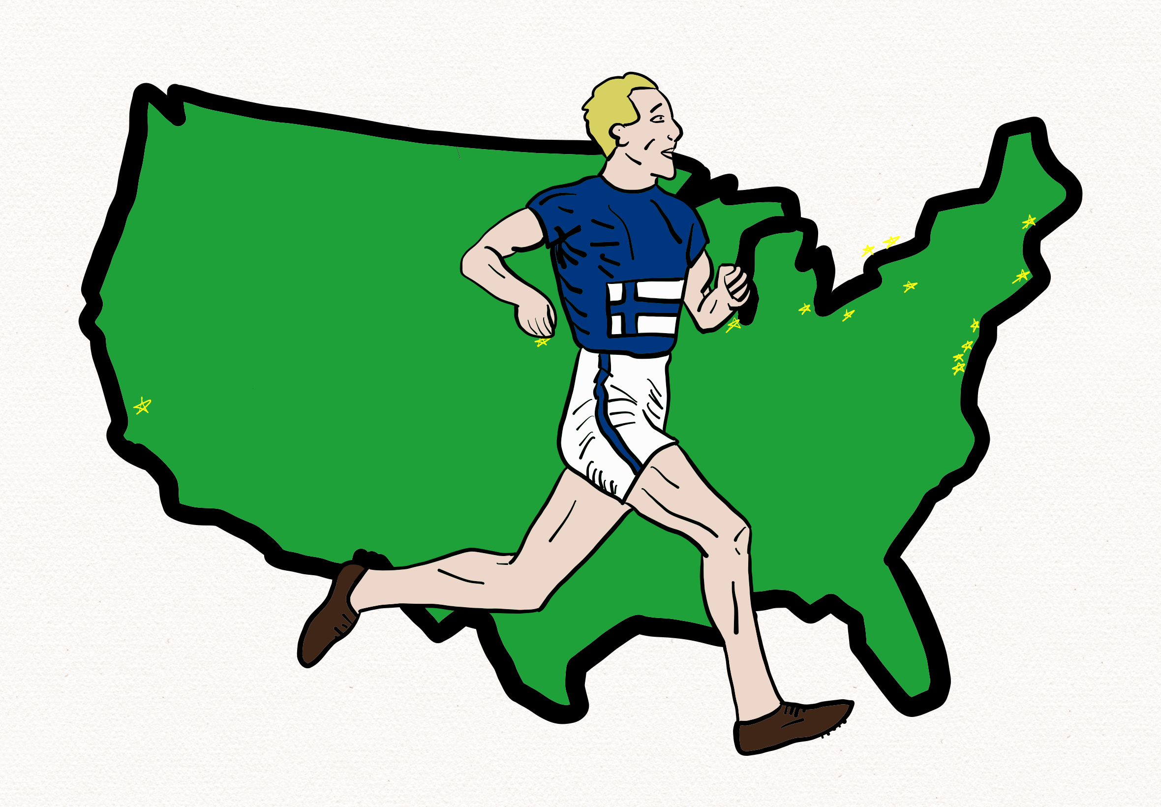 An illustration of Paavo Nurmi in front of a map of the United States, with stars representing some of the locations he raced at in 1925 during his tour of the country.